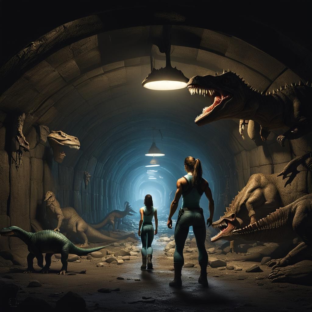 Luminescent Dinosaur Tunnel with Bodybuilder