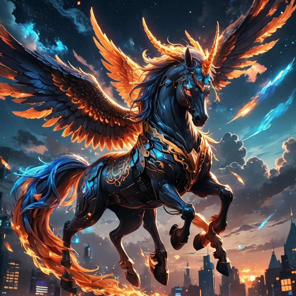 Fiery Alicorn in Night Sky: Anime-Inspired 3D Art