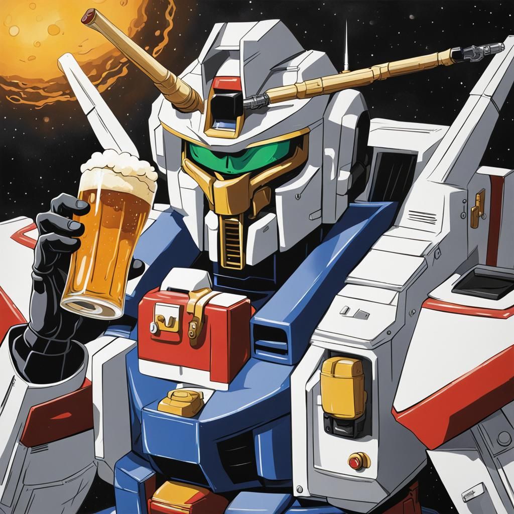 gundam drinking a beer and smoking a cigar, full colour h.r. giger style