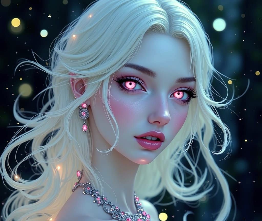 Woman with Ruby Accents and Sparkling Fairy Dust