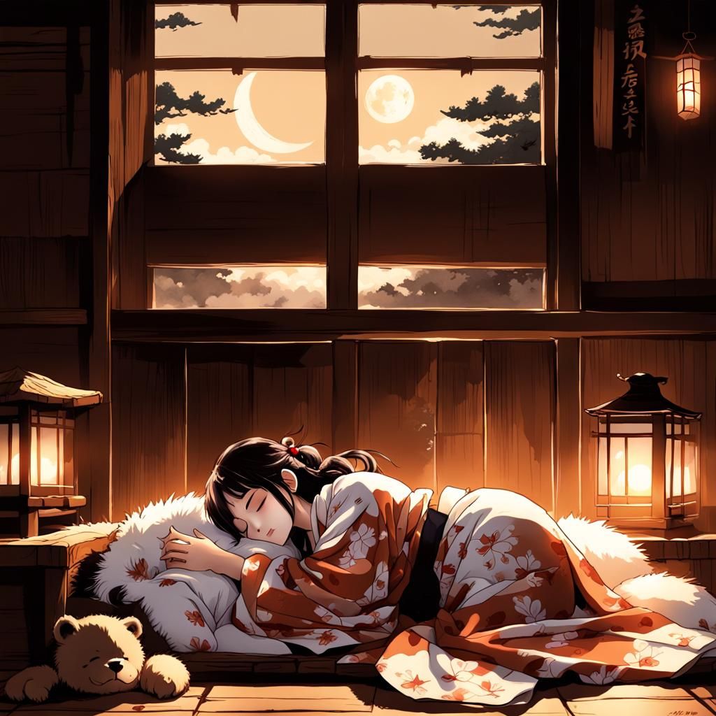 Girl Sleeping with Bear in Cozy Hut, Anime Style