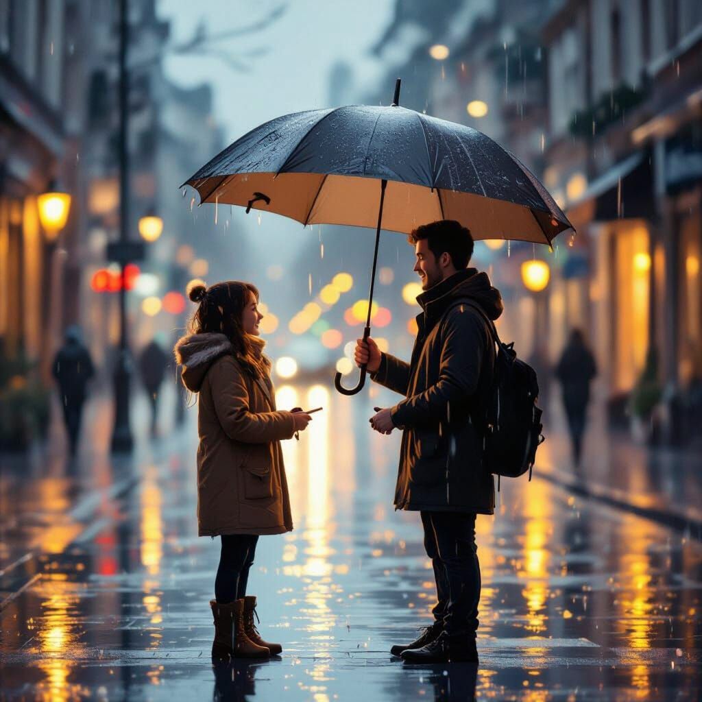 Kindness Shared Under Umbrella on Rainy Street