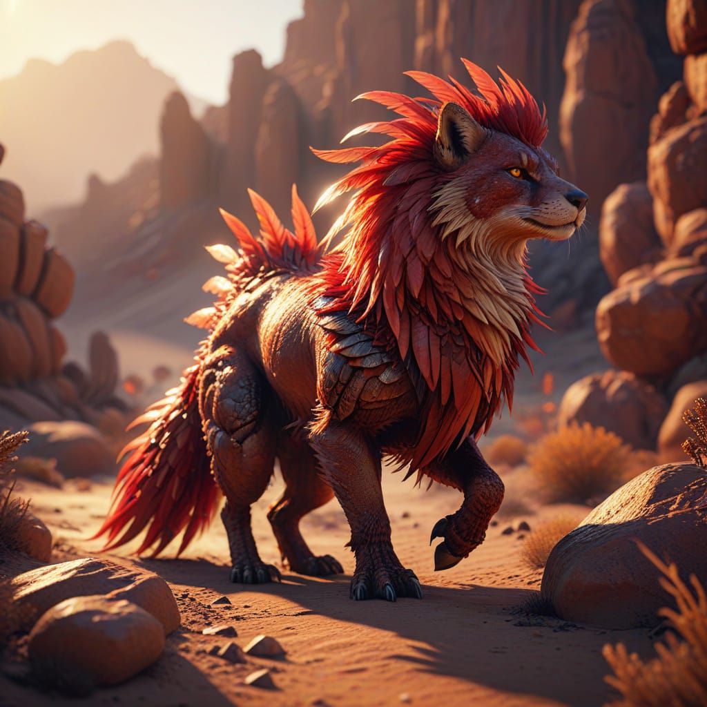 Red Fur Creature in Fiery Desert: 3D Fantasy Art