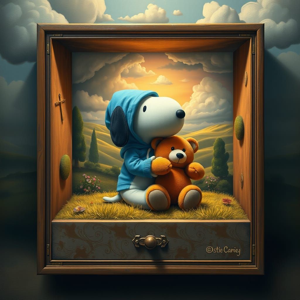 Surrealist Oil Painting of Assemblage Box with Snoopy and Be...