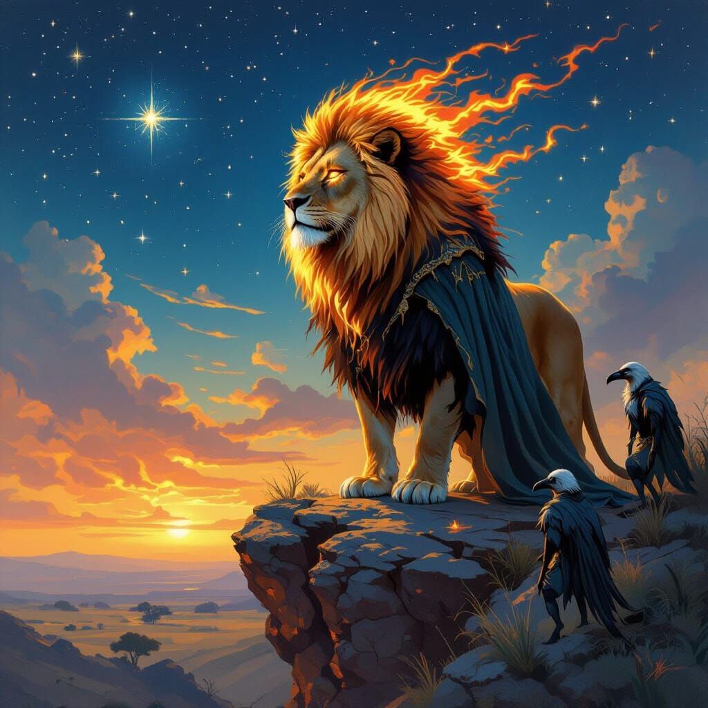 Lion with Flaming Mane in Surreal Oil Painting Style