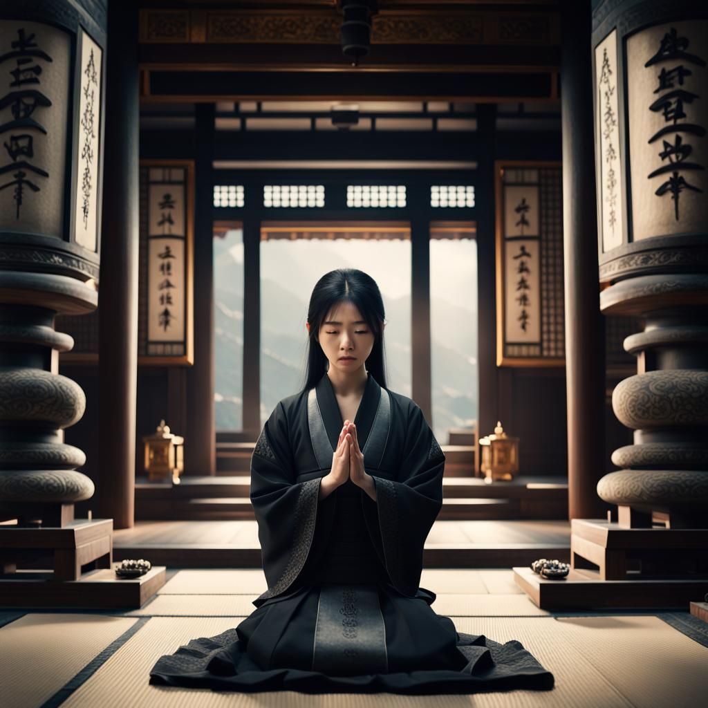 Japanese Woman Praying in Zen Temple: Digital Matte Painting
