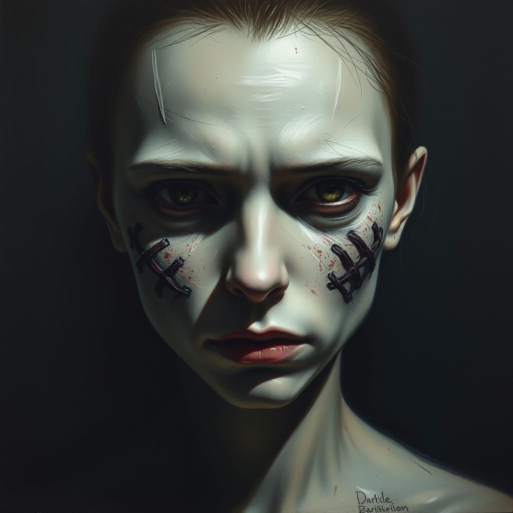 Unsettling Portrait With Prominent Face Stitches