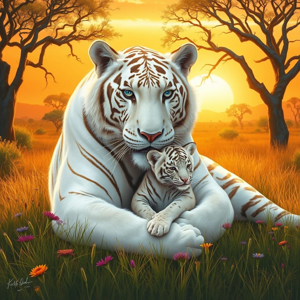 Majestic White Tiger Mother and Cub in Golden Sunset Serenad...