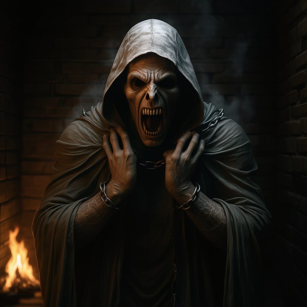 Furious Immortal Deity Breaking Chains in Torchlit Cell