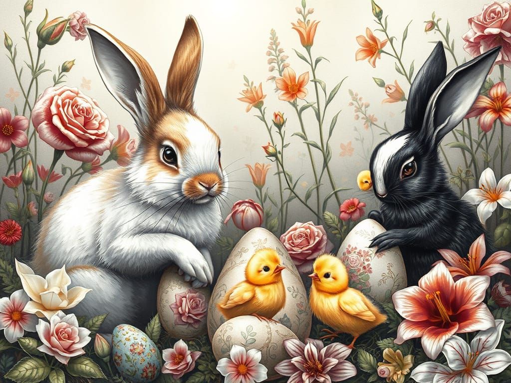 Whimsical Bunnies Painting Easter Eggs in Fairy Tale Landsca...