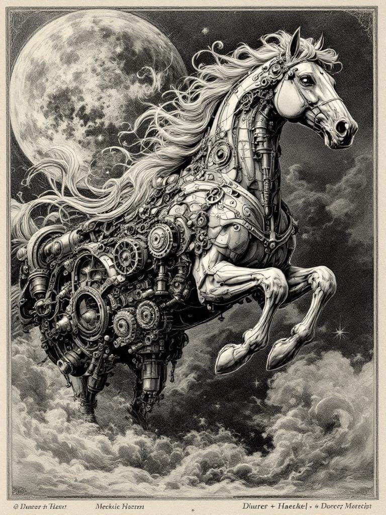 Horse Running Free in Victorian Technical Illustration