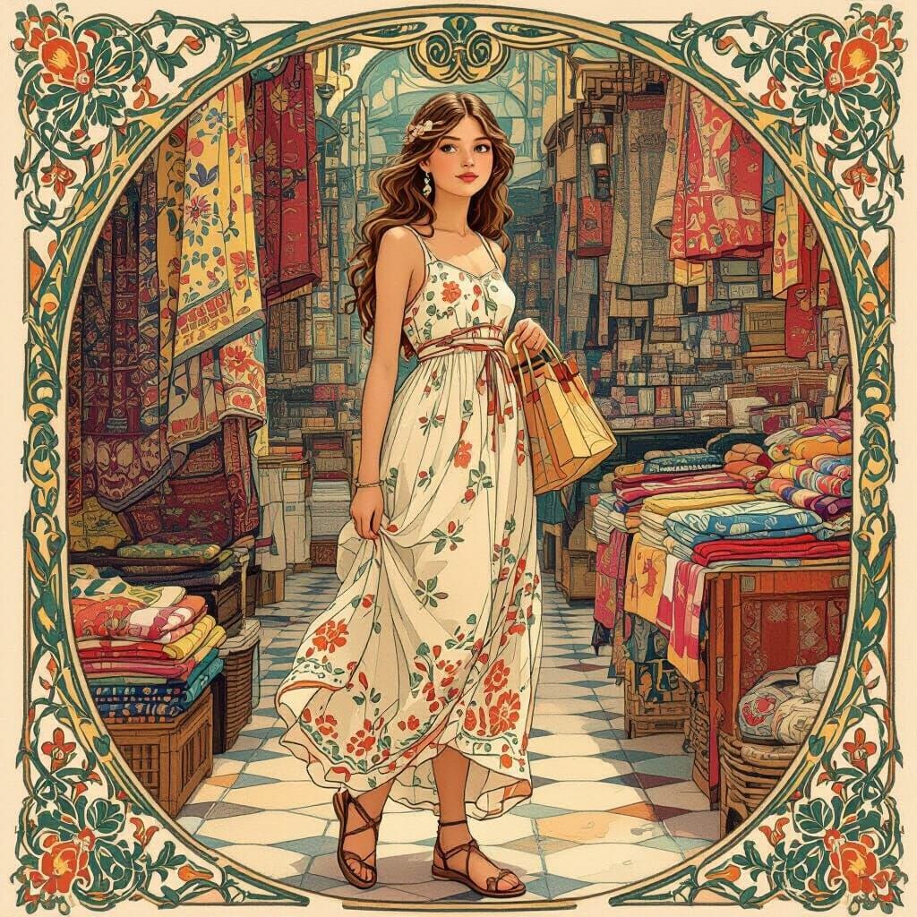 Girl Shopping in Vibrant Market in Art Nouveau Style