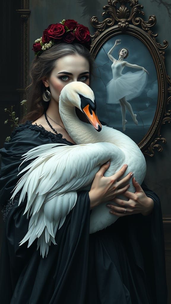 Regal Woman Cradles Swan in Tattered Black Silk Amidst Wilti...