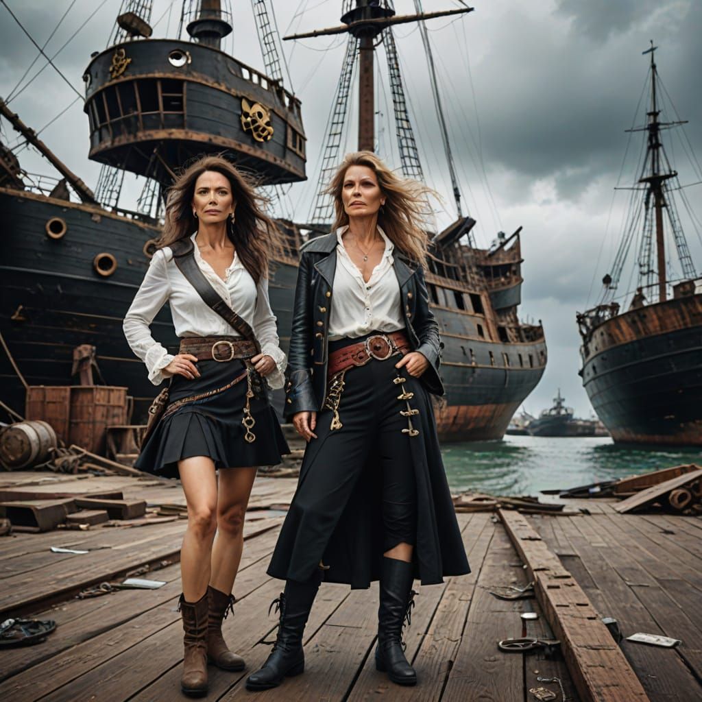 Two Women in a Pirate Shipyard, Windy Weather