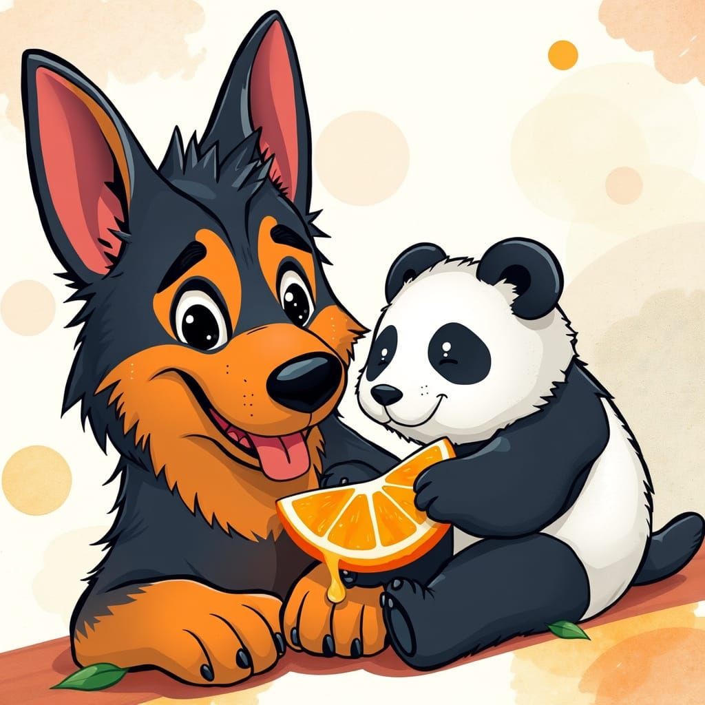 Anime German Shepherd and Panda Share a Juicy Orange in a Wh...