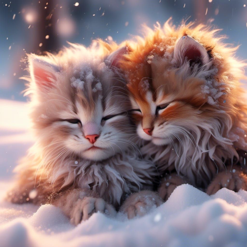 Sleeping Kittens in Snow, Hyperrealistic Digital Art