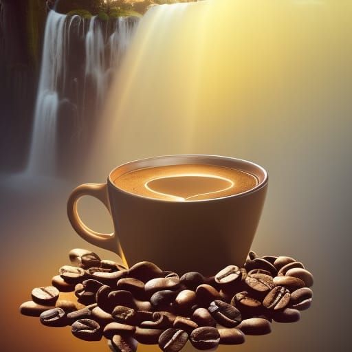 Waterfall of Coffee Cups in Forest, Detailed Matte Painting