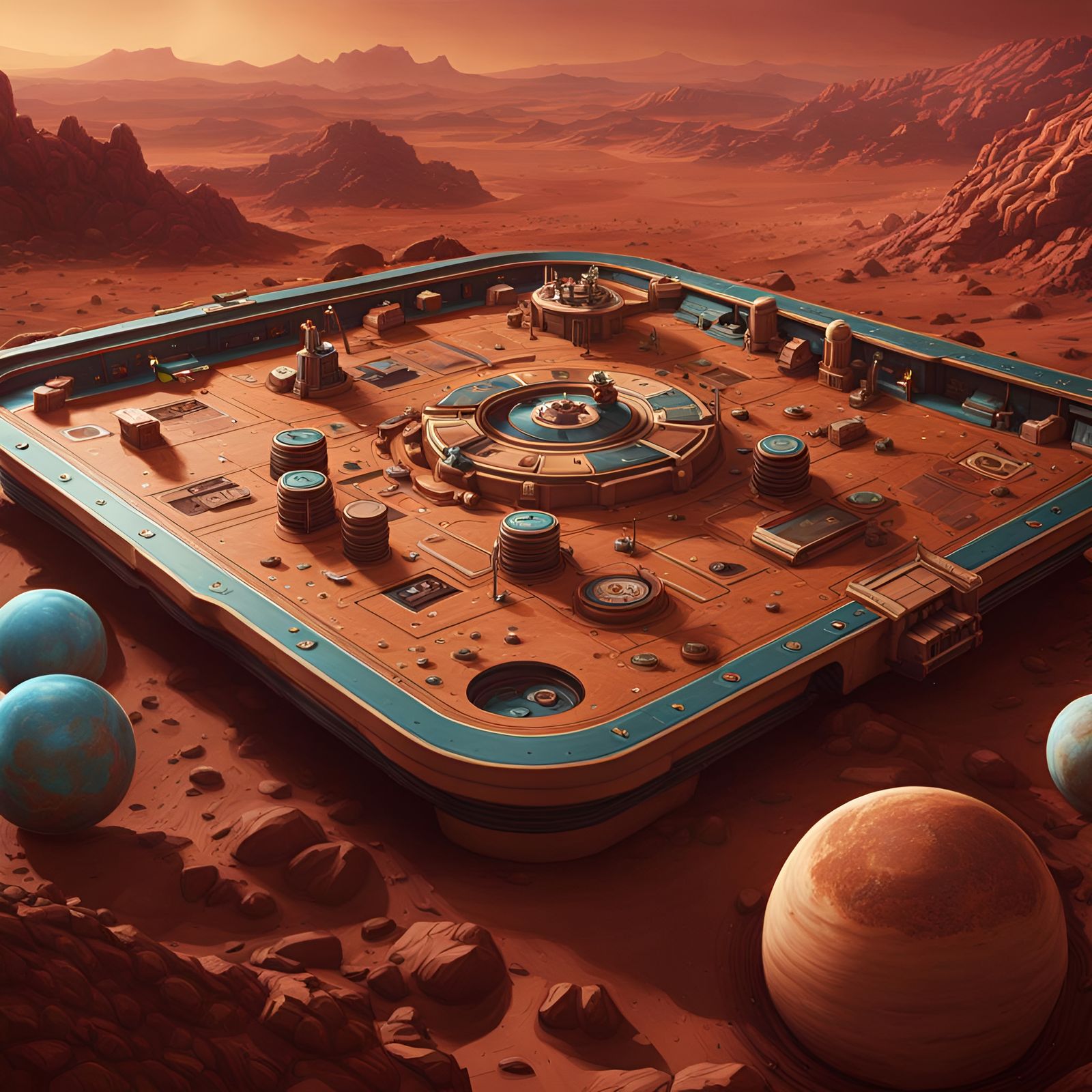 Retro Board Game on Mars: Detailed Matte Painting