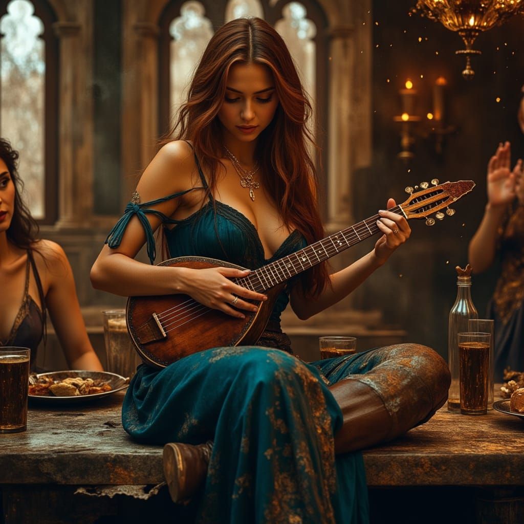 Beautiful Bard Playing Lute in Cozy Inn