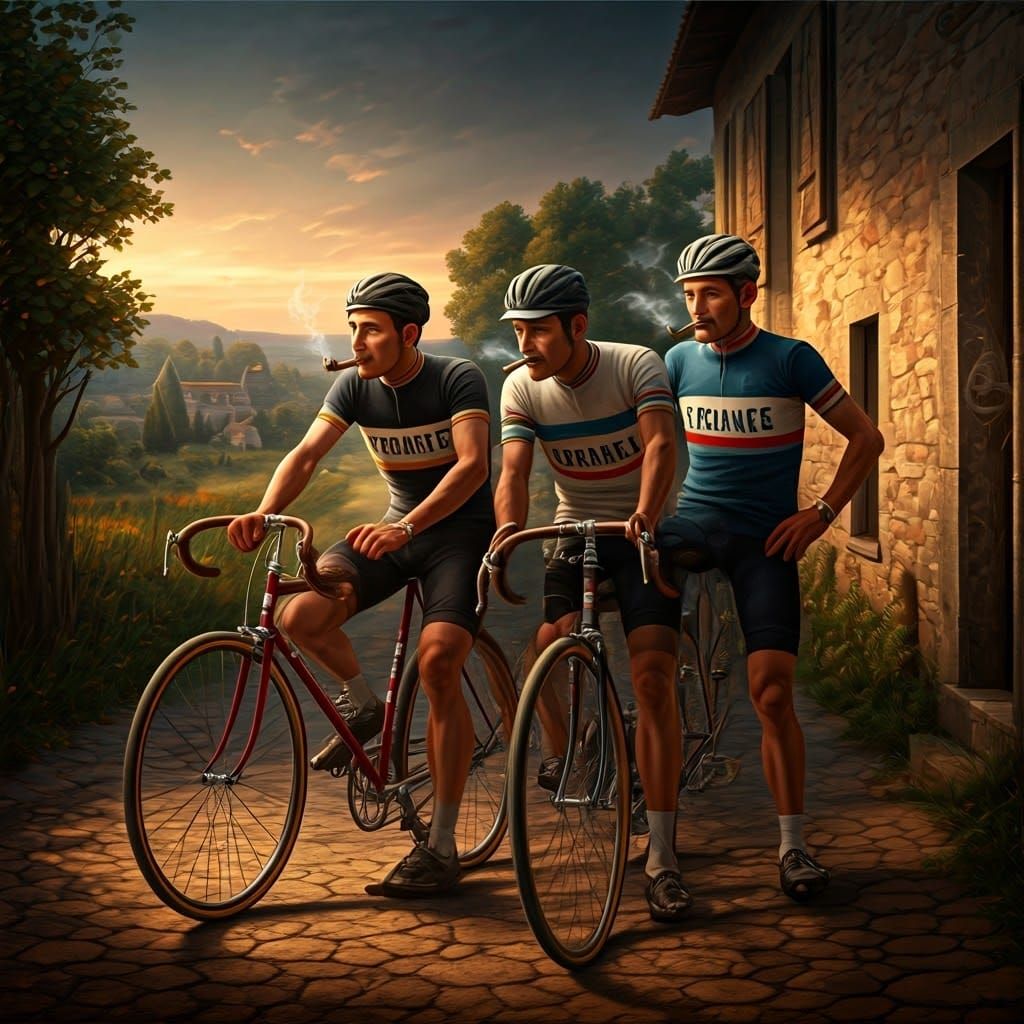 Vintage Tour de France Cyclists in Dramatic Lighting