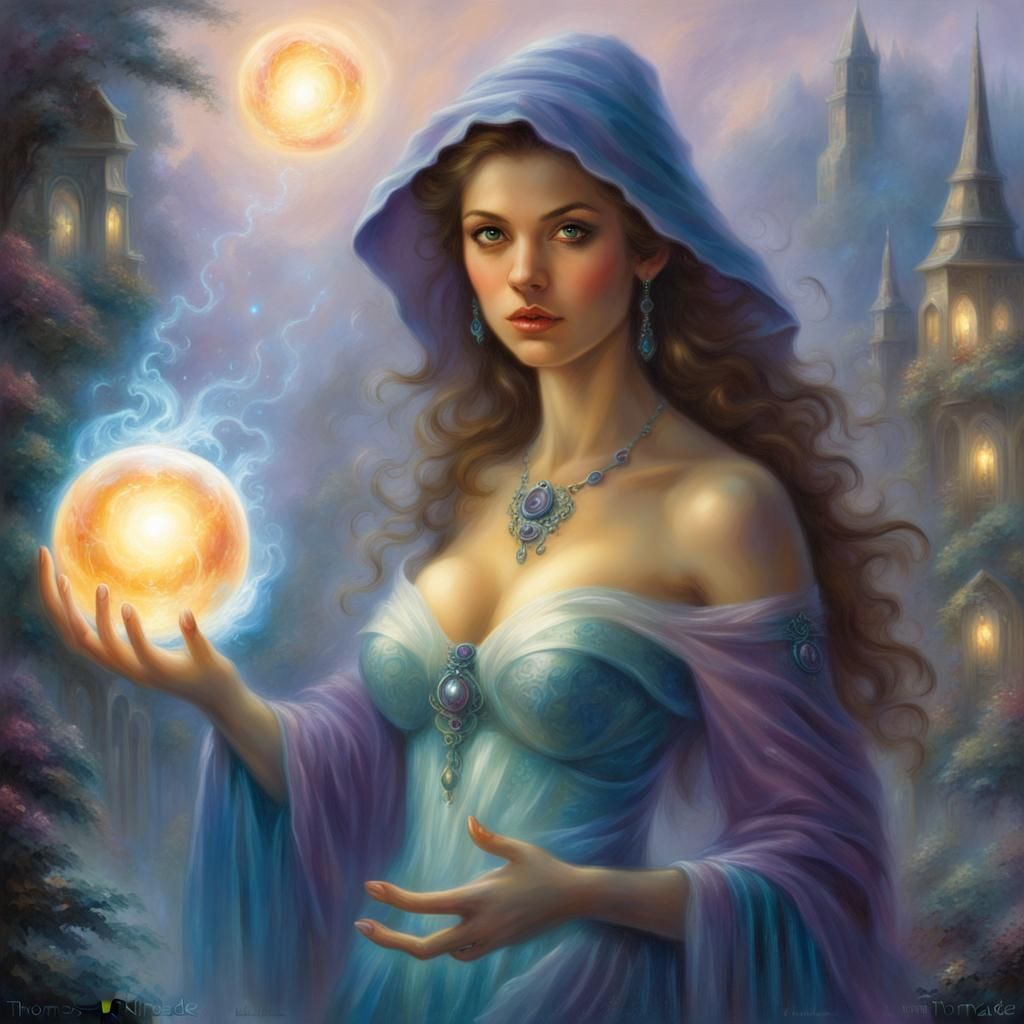 Ethereal Sorceress with Plasma Orbs in Fantasy Mist