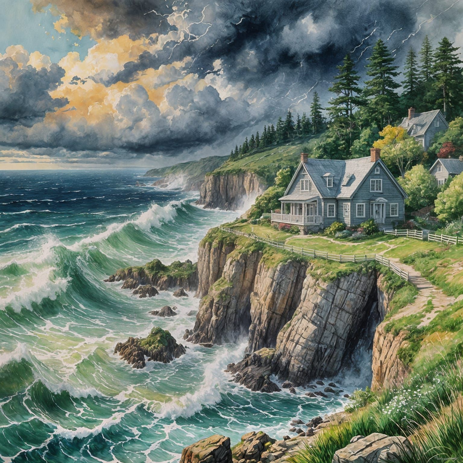 Stormy Seas Cottage: Gouache and Watercolor Impression