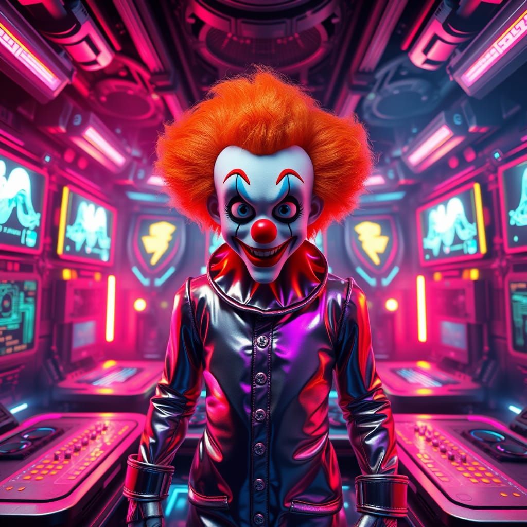 Futuristic Clown DJ in a High-Tech House
