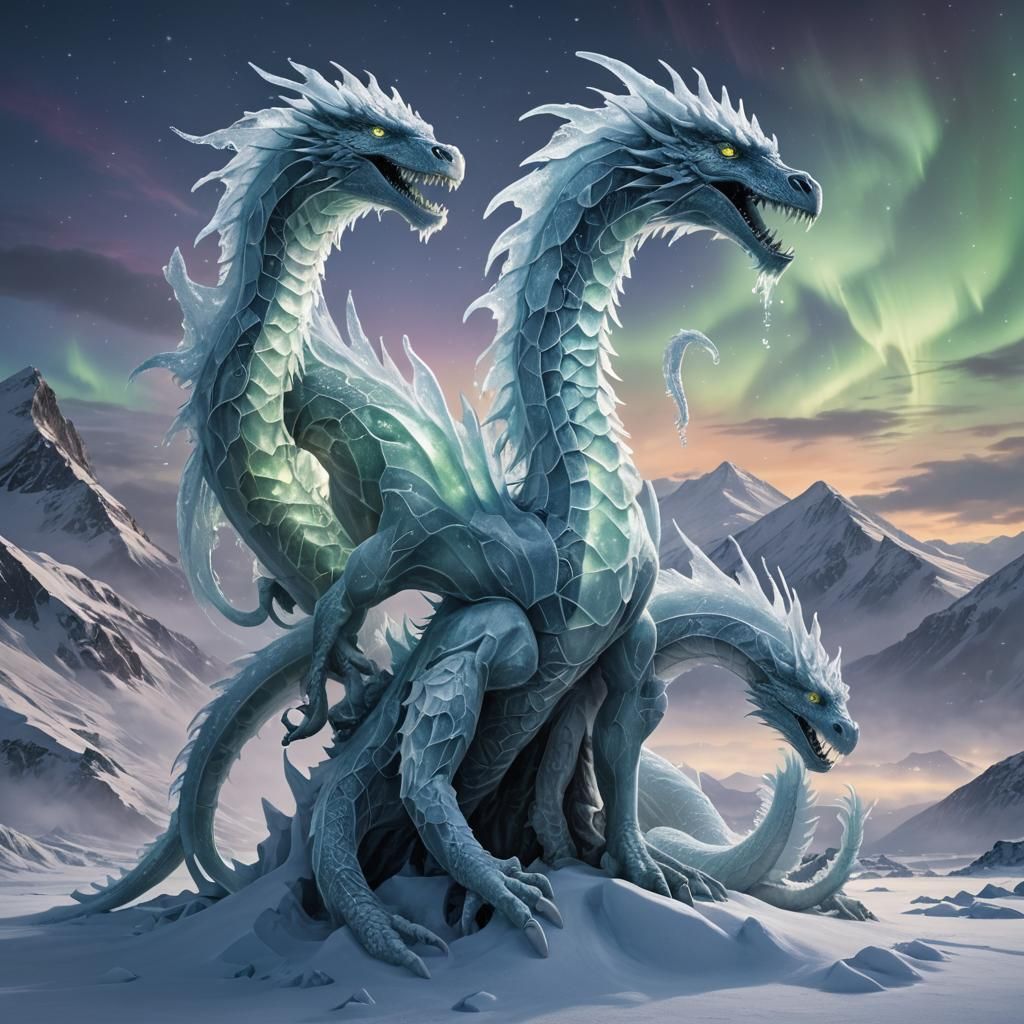 Mystical Ice Hydra in Ethereal Mountain Range