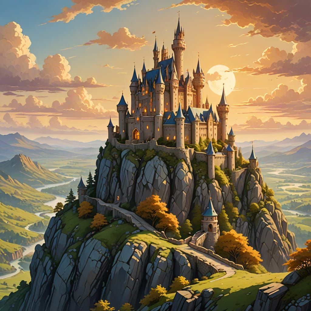 Fairytale Castle on Rocky Hill in Whimsical Fantasy Style
