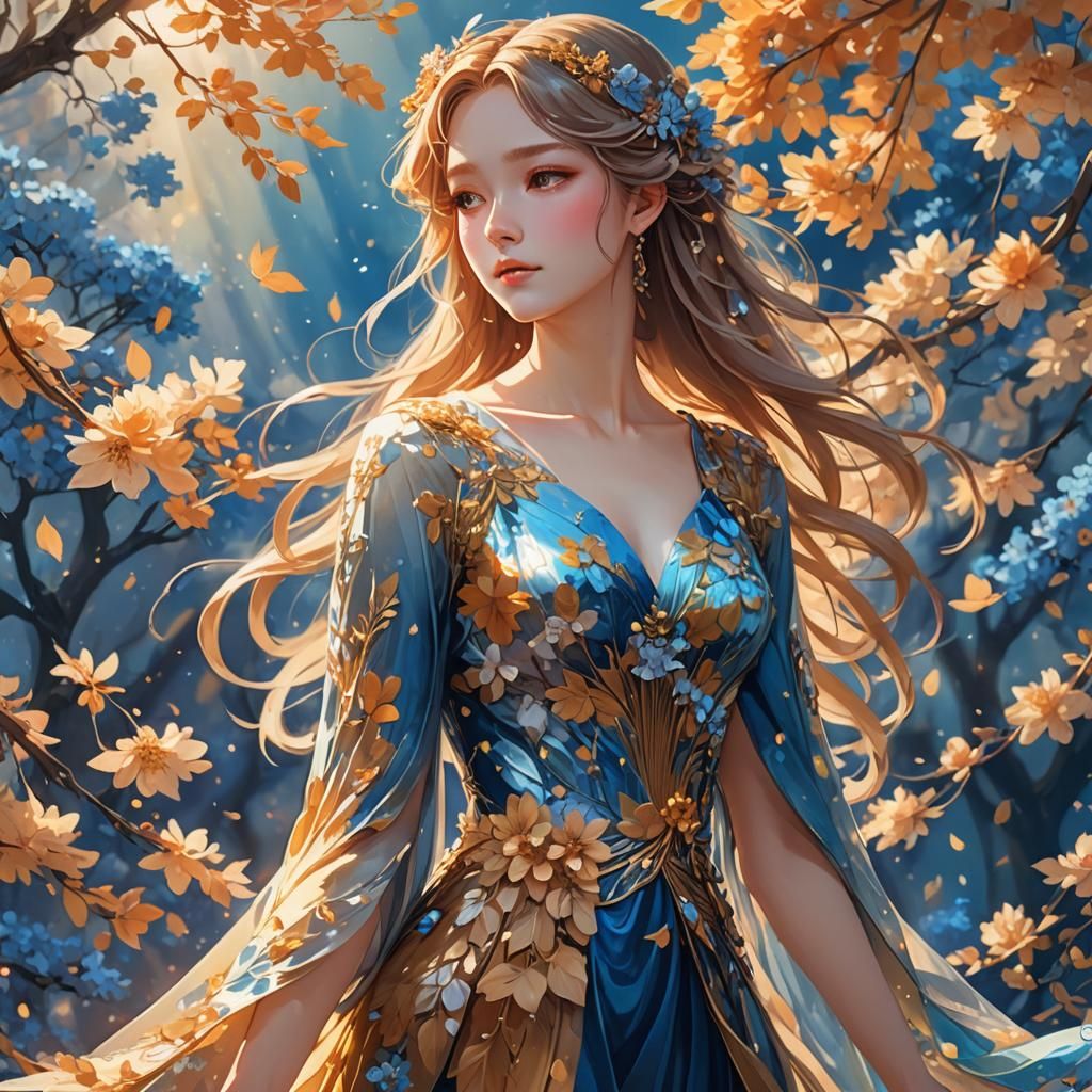Enchanting Woman in Blue Autumn Flowers in Anime Style