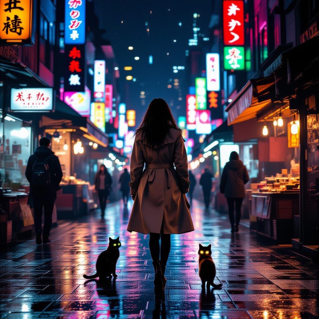 Neon Night Market Wanderer in Cyberpunk Style