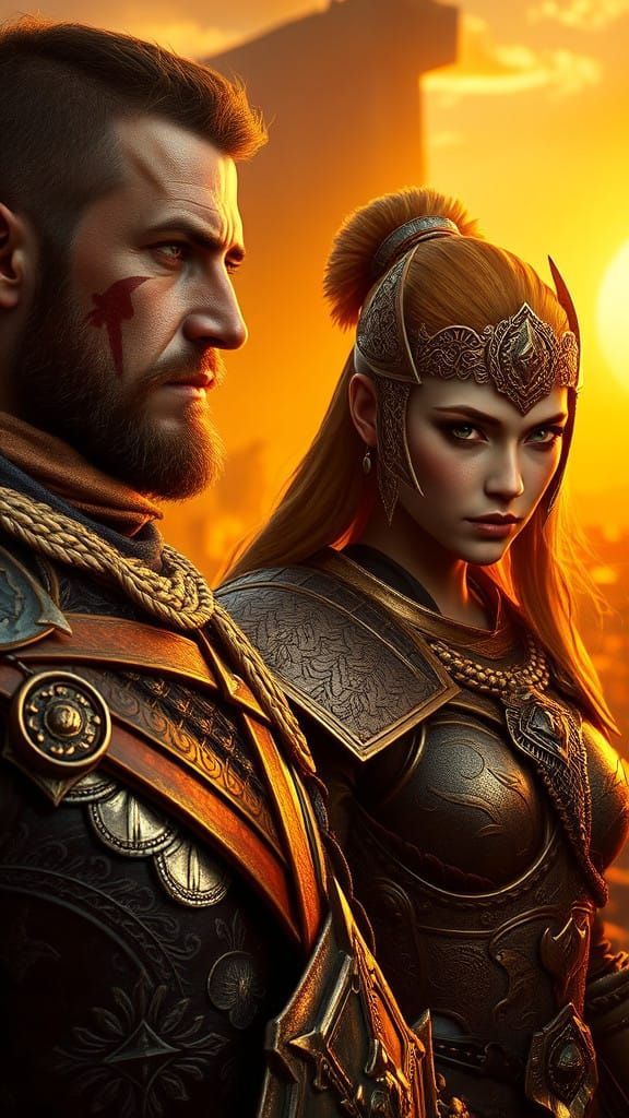 Epic Fantasy Warriors Amidst a Smoldering Battlefield