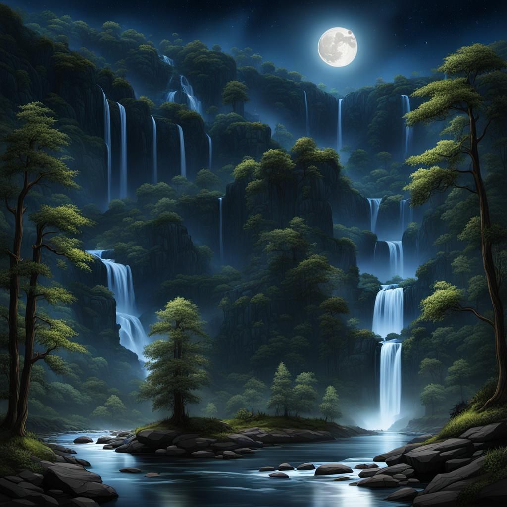 Moonlit Waterfalls in a River Gorge