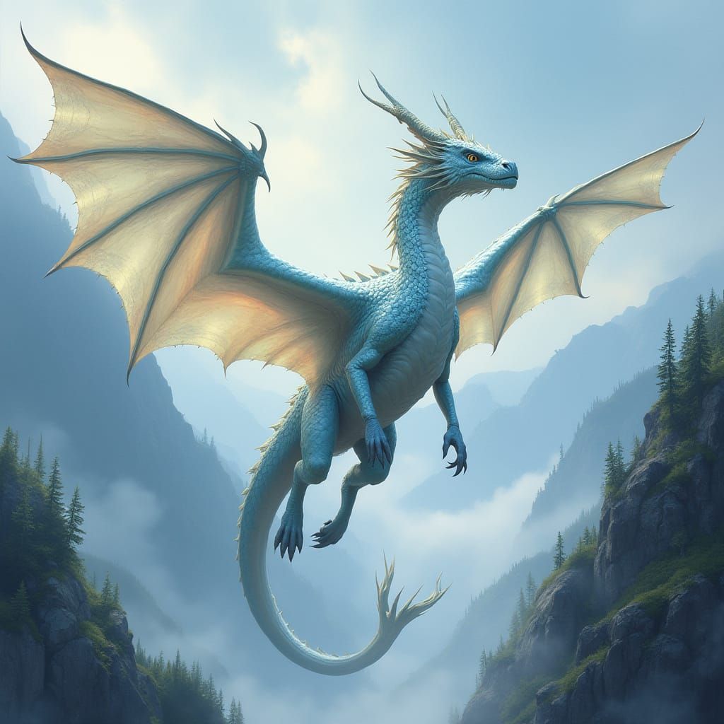 Ghost Dragon Soaring Through Misty Mountain Sky
