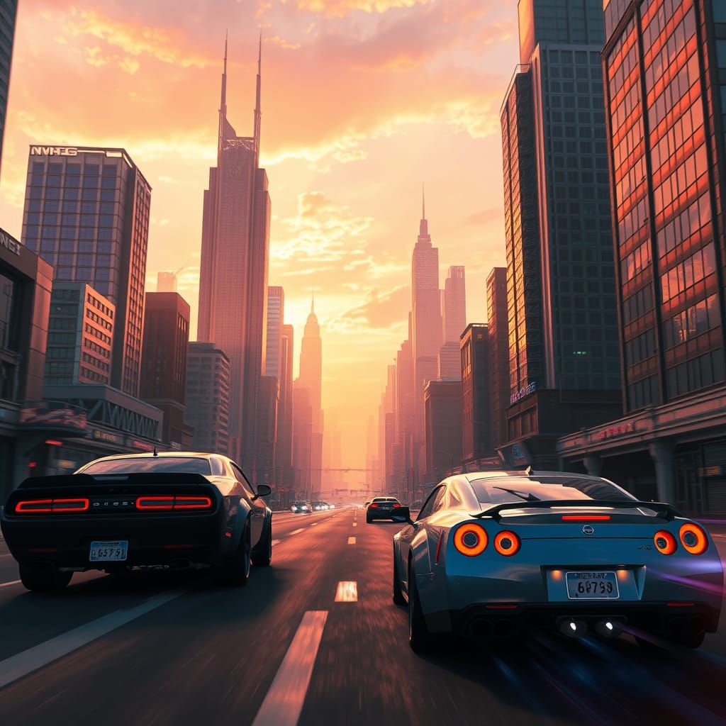 Futuristic Cityscape at Sunset with Racing Cars