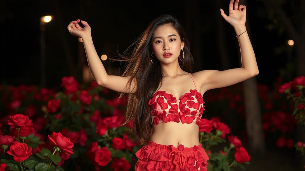 Korean Woman in Rose Garden at Night