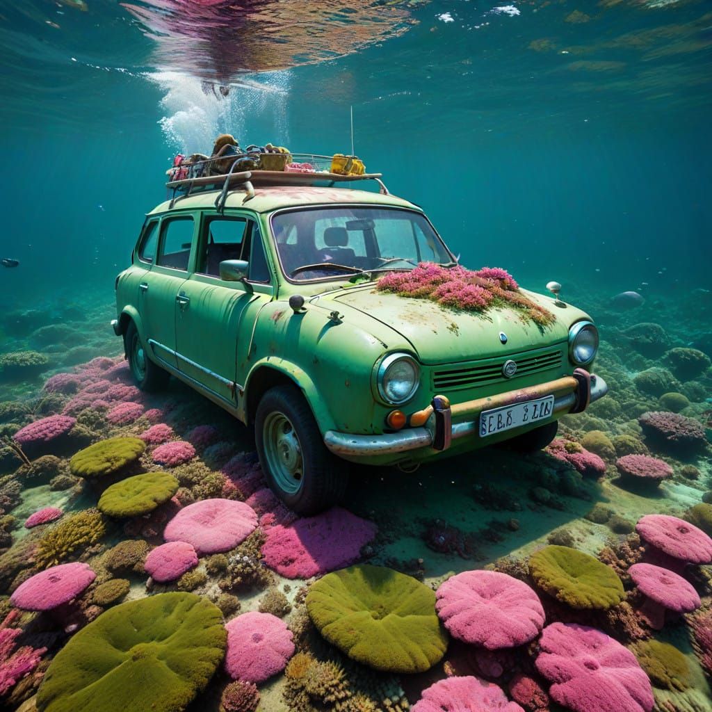 Hippie Submarine Exploring a Vibrant Pink Quartz in an Under...