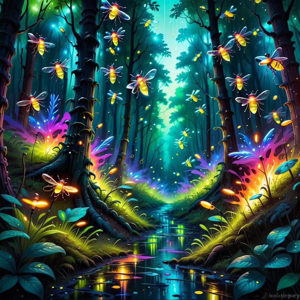Magical Firefly Forest in Graffiti Art Style