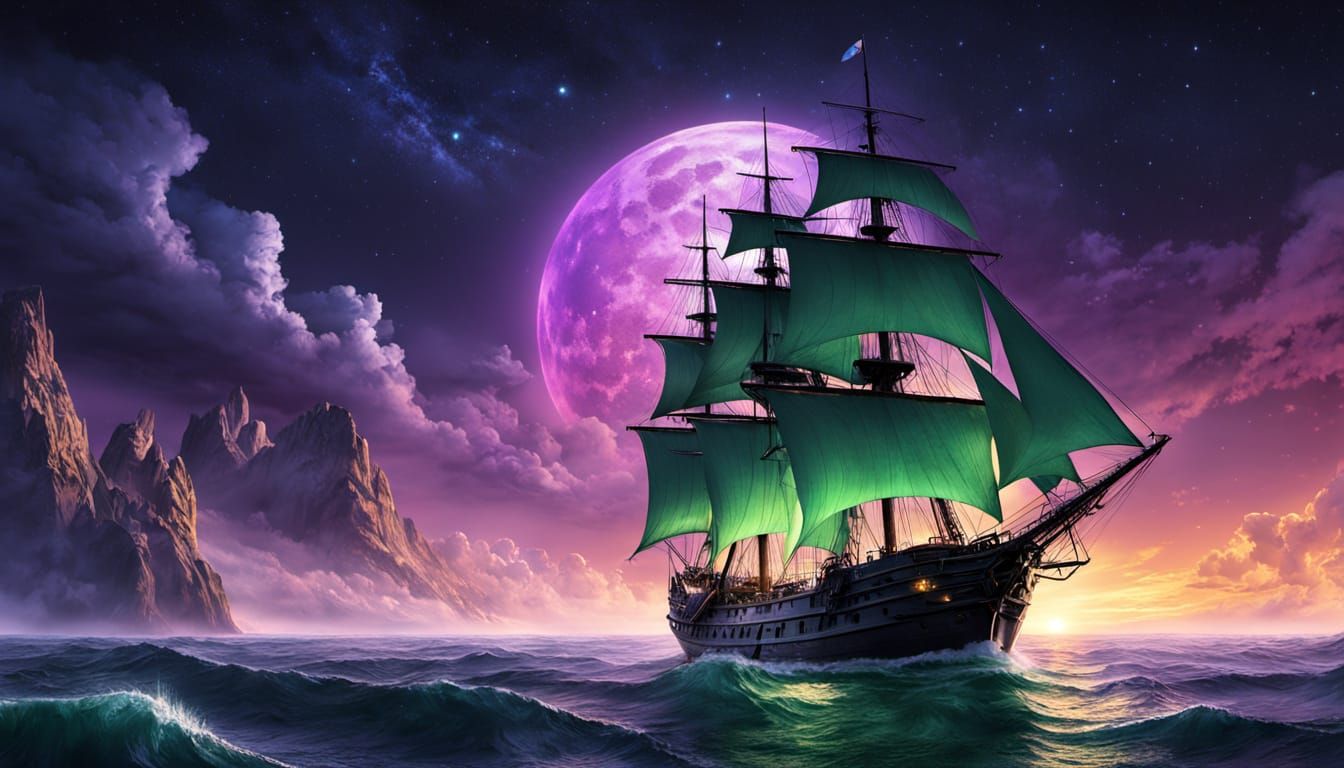 Sailing Ship Navigates a Vibrant Maximalist Ocean