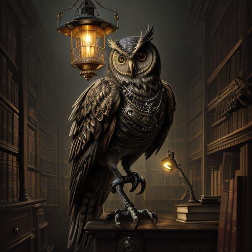 Clockwork Owl on Books in Moody Victorian Study