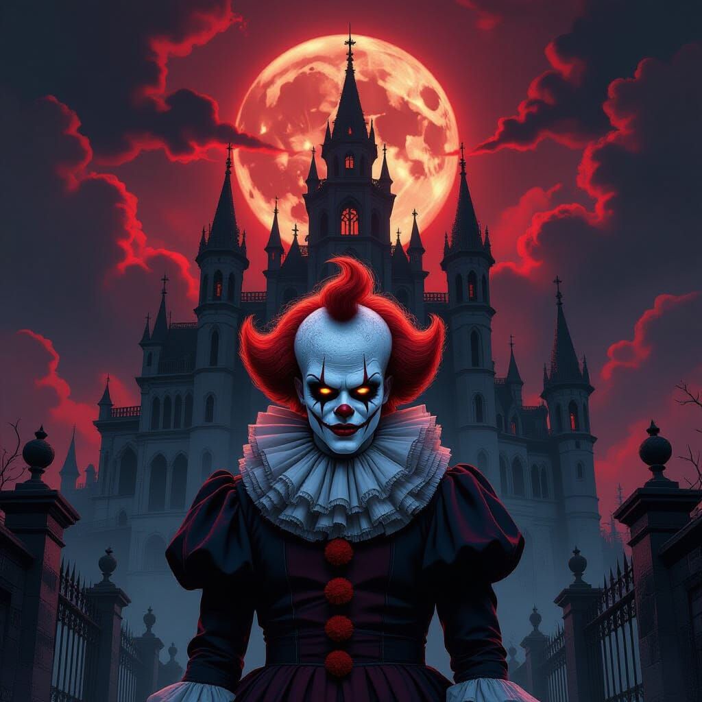 Gothic Clown Before Dilapidated Castle Under Blood Red Sky