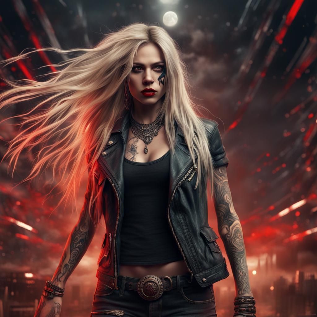 Epic Rocker Woman with Tattoos in Digital Painting