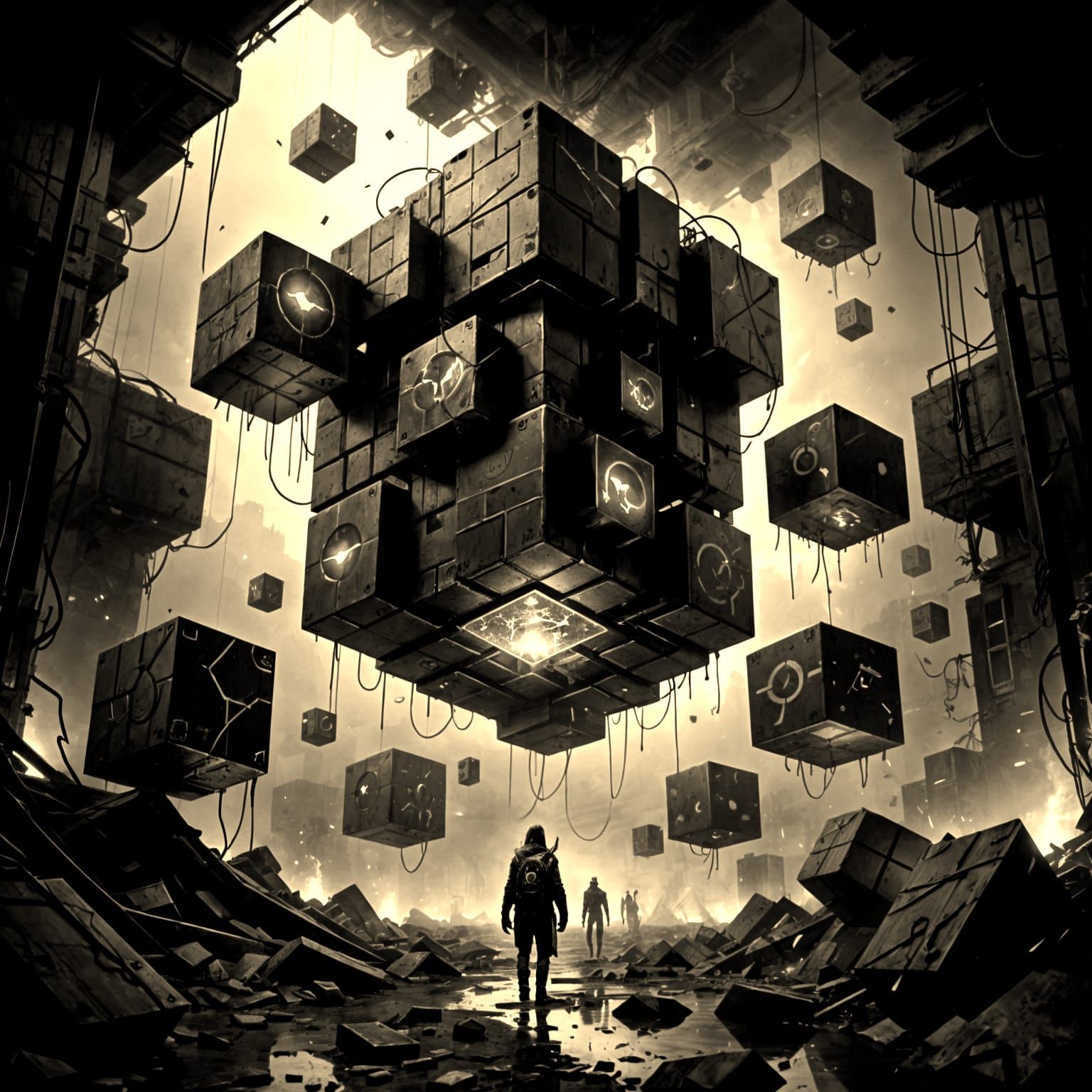 Cyberpunk Cubes in a Darkened Cityscape