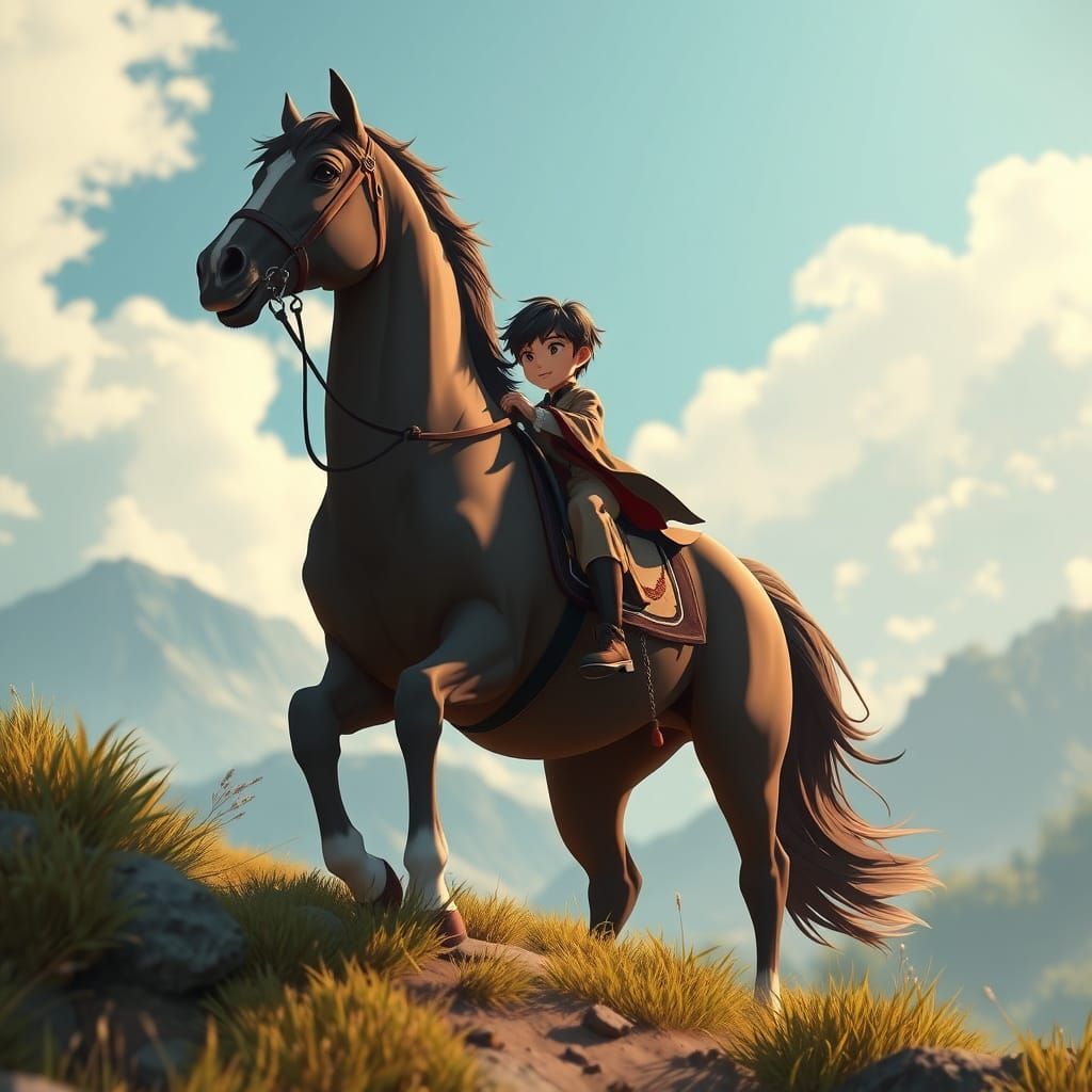 Boy on Majestic Horse in Anime Key Visual Style