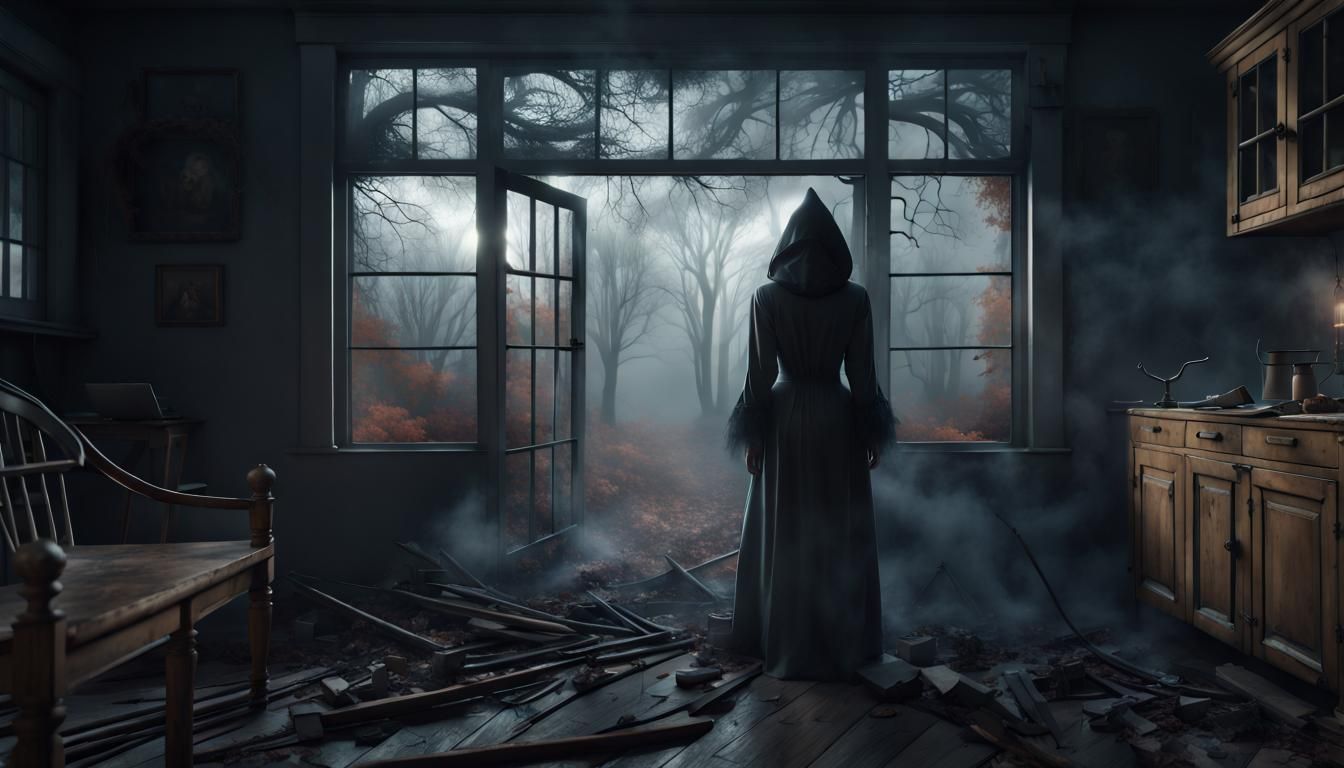 Creepy witch in witches abandonned cottage