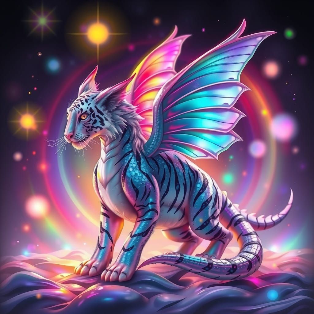 Majestic Fairy Dragon Tiger Amidst Prismatic Rainbows