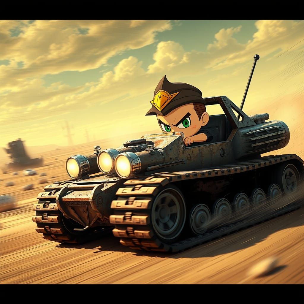 In a high-speed Mad Max style intensity, a chibi Car is racing in a Rally shaped tank with treads, furious expression, c...