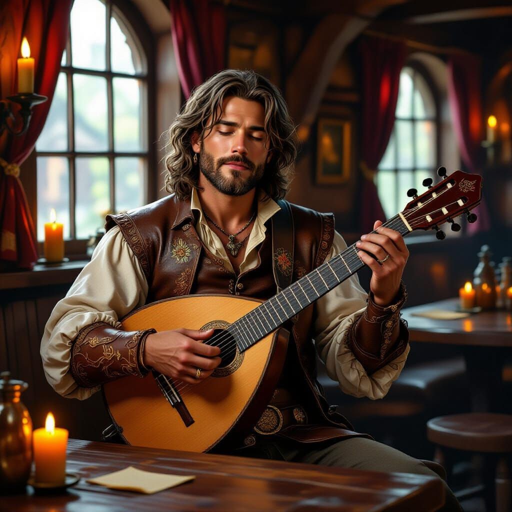 Charming Bard Singing in Tavern, Whimsical Illustration