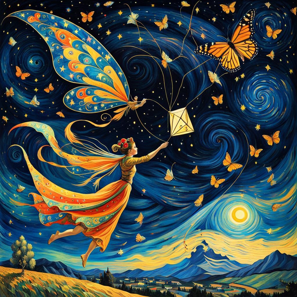Fairy with Kite in Starry Night, Van Gogh Style