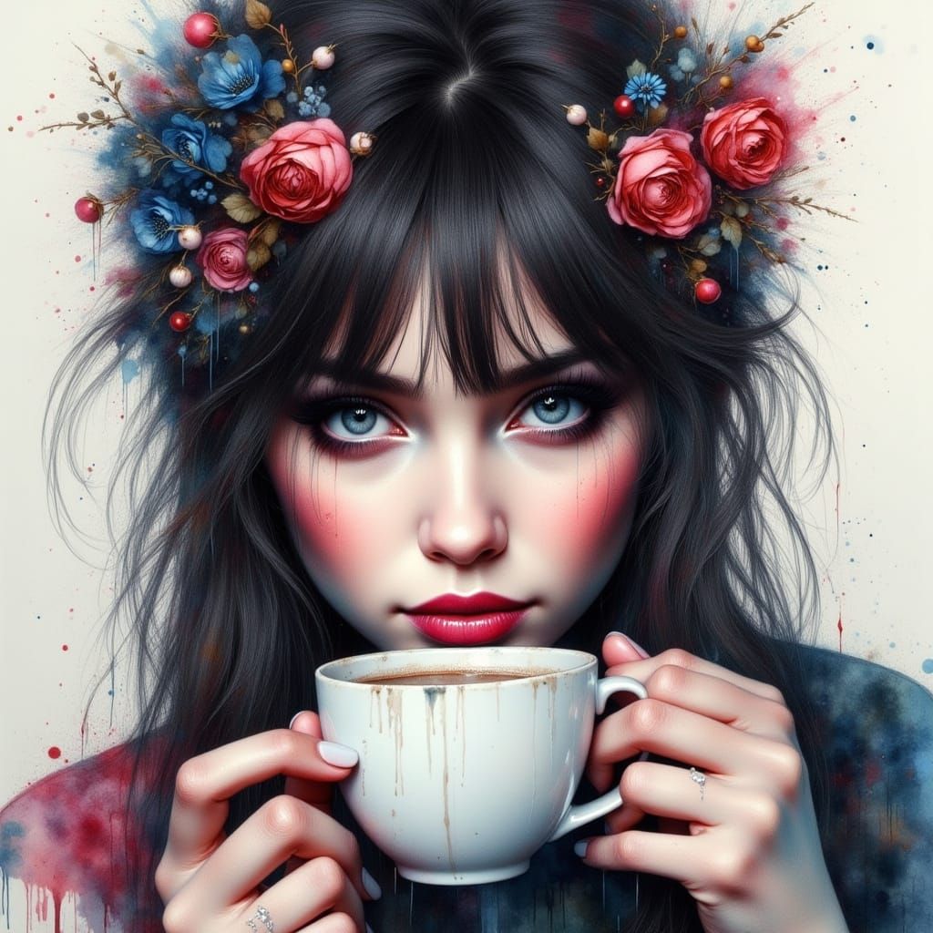 Gothic Woman in Double Exposure Watercolor Painting